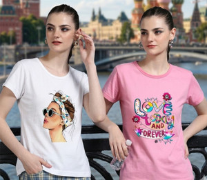 chozi pack of 2 women printed round neck cotton blend white pink t-shirt