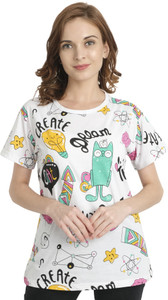 chozi women printed round neck cotton blend white t-shirt