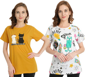chozi pack of 2 women printed round neck cotton blend white yellow t-shirt