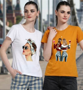 chozi printed women round neck white yellow t-shirt