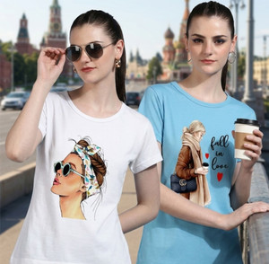 chozi printed women round neck white light blue t-shirt