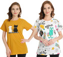 CHOZI Pack of 2 Women Printed Round Neck Cotton Blend White, Yellow T-Shirt