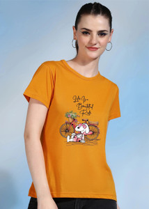 chozi printed women round neck yellow t-shirt
