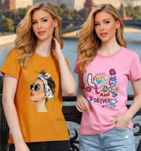 chozi printed women round neck yellow pink t-shirt