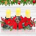Christmas Centerpiece with 3 Candle Holders 3 LED Candles 1 String Lights Xmas Triple Candelabrum Poinsettia Red Buffalo Plaid Bow Berry Pine Cones with 3 Candle Holders for Tables Home Decorations