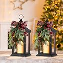 Christmas Decorative Lantern with LED Candle – Black Holiday Lantern with Pinecones, Red Bow – Battery Operated Christmas Table Centerpiece for Indoor/Outdoor Decor(2pack)