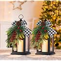 Christmas Decorative Lantern with LED Candle – Black Lantern with Pinecones, Black Bow – Battery Operated Christmas Table Centerpiece for Indoor Decor(2pack)