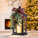 Christmas Decorative Lantern with LED Candle – Black Holiday Lantern with Pinecones, Red Bow – Battery Operated Christmas Table Centerpiece for Indoor/Outdoor Decor(1pack)