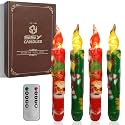 Christmas Flameless Short Taper Candles, Red Green LED Battery Operated with Remote, Flickering Flame Lights for Home Décor, 6.7 Inch Primitive Flameless Print Candles, 4PCS