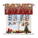Christmas Green Leaves Xmas Tree Valance for Windows, Rod Pocket Short Curtain Topper for Kitchen Bathroom Laundry Basement, 42W x 12L Inch