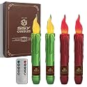 Christmas Metallic Red Green Flameless Short Taper Candles, Hand Dipped LED Battery Operated with Remote, Flickering Flame Lights for Home Décor, 6.7 Inch Primitive Flameless Candles, 4PCS