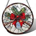 Christmas Pine Bow Stained Glass Window Hanging Suncatcher Gifts Decor 9.8"