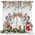 Christmas Red Eucalyptus Leaves Curtain Valance for Window, Farmhouse Swag Curtains, Cute Snowman Valance for Kitchen Bathroom Bedroom, Rod Pocket Window Panels Over Sink 28" W x 36" L, Set of 2