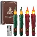 Christmas Red Green Flameless Short Taper Candles, Real Wax Hand Dipped LED Battery Operated with Remote, Flickering Flame Lights for Home Décor, 6.7 Inch Primitive Flameless Candles, 4PCS