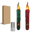 Christmas Red Green Flameless Short Taper Candles, Real Wax Hand Dipped LED Battery Operated with Remote, Flickering Flame Lights for Home Décor, 6.7 Inch Primitive Flameless Candles, 2PCS