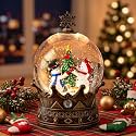 Christmas Snow Globe Lantern - Lighted Snowman Water Globe with Dog &amp; Red Cardinals, Vintage Bronze Crown Base with Snowflake Finial, Swirling Glitter Musical Holiday Tabletop Decor &amp; Gifts