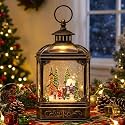 Christmas Snow Globe Lantern Water Glittering Town Home with Carolers, Music &amp; Timer, USB Lined/Battery Operated Lighted Lantern for Christmas Festival Decoration Gifts