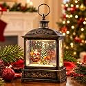 Christmas Snow Globe Lantern Water Glittering Santa Sleigh & Reindeer Scene with Music, USB Lined/Battery Operated Lighted Lantern for Christmas Festival Decoration Gifts