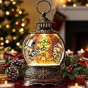 Christmas Snow Globe Lantern Water Glittering Gingerbread Family with Music& Timer, USB Lined/Battery Operated Lighted Lantern for Christmas Festival Decoration Gifts