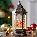 Christmas Snow Globe Lantern Water Glittering 10.5'' Cardinal with Music&amp; Timer, USB Lined/Battery Operated Lighted Lantern for Christmas Festival Decoration Gifts