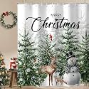 Christmas Snowman Shower Curtain, Winter Deer Snowflake Pine Tree Forest Cardinal Xmas Fabric Holiday Decor Bathroom Accessories Set, 72X72in