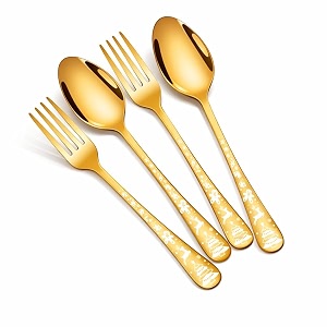 christmas spoon amp fork set  4-piece holiday cutlery set with festive printed handles  aurum gold stainless steel flatware for christmas table gifting and seasonal dcor