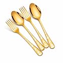 Christmas Spoon &amp; Fork Set – 4-Piece Holiday Cutlery Set with Festive Printed Handles | Aurum Gold Stainless Steel Flatware for Christmas Table, Gifting, and Seasonal Décor