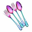Christmas Spoon and Fork Set – 4-Piece Holiday Cutlery Set with Festive Printed Handles | Rainbow Stainless Steel Flatware for Christmas Table, Gifting, and Seasonal Decor – Dishwasher Safe