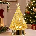 Christmas Tree Snow Globe Lantern with Swirling Glitter, Lighted Acrylic Crystal Tree with Warm LED, 6H Timer, Star Top &amp; Gold Base, Battery Operated Tabletop Christmas Decorations Gifts