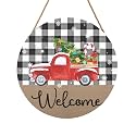 Christmas Welcome Front Door Sign for House Merry Christmas Holiday Decoration Hanging Sign Red Truck Xmas Round Wood Wreaths for Home Wall Porch Yard Garden Farmhouse Xtmas Day 12"x12"