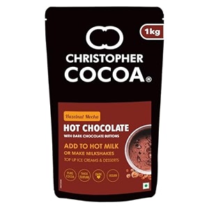 christopher cocoa hazelnut mocha hot drinking chocolate powder with dark chocolate buttons 1kg brown