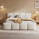 Christopher Knight Home Hazel Queen Size Platform Bed, Boucle Thick Headboard and Footboard, Upholstery Grounded Beds, Block Style, Wood Slat Panel Support, No Spring Box Needed, Easy Assembly, White