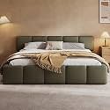 Christopher Knight Home Hazel King Size Platform Bed, Linen Thick Headboard and Footboard, Upholstery Grounded Beds, Block Style, Wood Slat Panel Support, No Spring Box Needed, Easy Assembly, Green