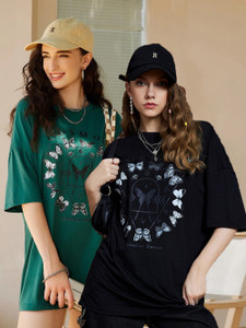christy world printed women round neck black green t-shirt