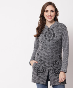 christy world women self design collared neck grey sweater