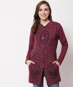 christy world women self design collared neck pink sweater