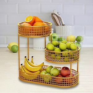 chromix 3 tier fruit amp vegetables organizer for home amp kitchen  multipurpose metal iron fruits and vegetables basket  modern multi-use fruits amp vegetable rack organizers golden