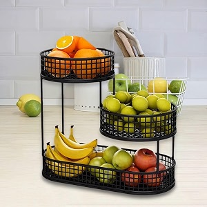 chromix 3-tier fruit and vegetable organizer  multipurpose metal storage basket for home amp kitchen  modern fruits amp vegetables rack for countertop pantry amp dining room organization black tray