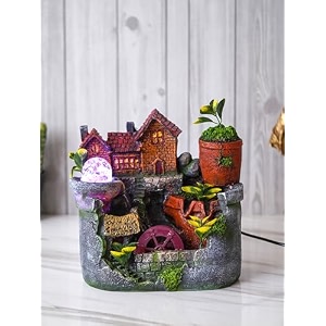 chronikle polyresin hut style tabletop indoor 2 steps water fountain for home decor with multicolor led speed controller pump amp crystal ball size 26 x 18 x 39 cm color multi  weight 1840 gram