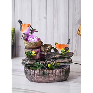 chronikle polyresin orange birds tabletop 3 steps indoor water fountain for home decor with multicolor led speed controller pump amp crystal ball size 26 x 17 x 31 cm color multiweight 1770 gram