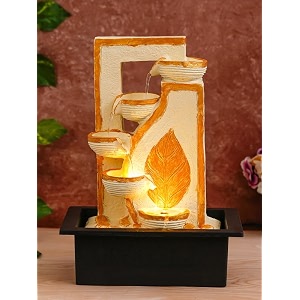 chronikle indoor tabletop water fountain with warm led light amp controller pump  golden leaf designer 4 diya step cascade polyresin waterfall fountain for home meditation dcor  golden 40x295x22cm