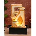 CHRONIKLE Indoor Tabletop Water Fountain with Warm LED Light &amp; Controller Pump | Golden Leaf Designer 4 Diya Step Cascade Polyresin Waterfall Fountain for Home, Meditation Décor | Golden| 40x29.5x22CM