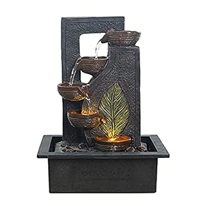 chronikle indoor tabletop water fountain with warm led light amp controller pump  green leaf designer 4 diya step cascade polyresin waterfall fountain for home meditation dcor  black  40x295x22 cm