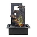 CHRONIKLE Indoor Tabletop Water Fountain with Warm LED Light & Controller Pump | Green Leaf Designer 4 Diya Step Cascade Polyresin Waterfall Fountain for Home, Meditation Décor | Black | 40x29.5x22 CM