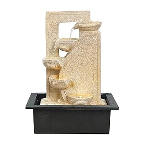 chronikle polyresin table top stylish leaf print 4 diya steps indoor water fountain for home decor with led lights amp speed controller pump size 40 x 295 x 22cm  color cream  weight 2250 gram