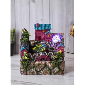 chronikle polyresin tabletop 2 steps hut style indoor water fountain for home decor with multicolor led speed controller pump amp crystal ball size 28 x 18 x 29 cm color multi  weight 1970 gram