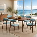 CHUN YI Dining Chairs Set of 6, Upholstered Solid Wood Dining Room Chairs, Mid Century Modern Fabric Kitchen Chairs with Ergonomic Curved Back, Blue (Only Chairs)