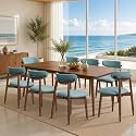 CHUN YI Dining Chairs Set of 8, Upholstered Solid Wood Dining Room Chairs, Mid Century Modern Fabric Kitchen Chairs with Ergonomic Curved Back, Blue (Only Chairs)