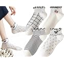 CHUNFO Womens Socks Ruffle Ankle Striped Bows Argyl Plaid Dots White Cotton Sock Crew Size5-9 Size6-11