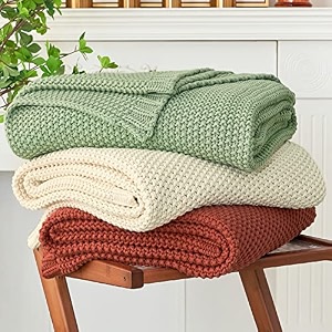 chunky cable knit throw blanket lightweight light green 100 organic cotton blanket for sofa couch bed baby nursery rustic shabby chic modern farmhouse 51 x 63 bonus laundering bag